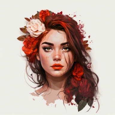 Striking boho girl in clipart style, hair cascading to one side adorned with detailed roses on one side, captivating large eyes and full lips, gazing directly at the camera, Portrait style, white minimalist background, 8K rendering