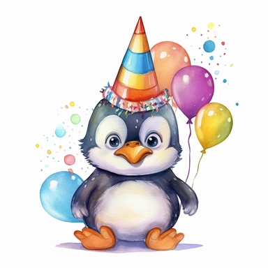cute Penguin character wearing birthday clothes and birthday element with happy face,front facing on isolated background,with happy face and expression,Animal Sublimation Clipart,no splash watercolor,white background, ultra detailed clipart, cut out image, colorful watercolor realistic, cartoon style, ultra HD, sharp and clean art