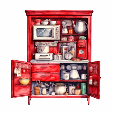 watercolor, hyper realistic, white background, white margins, 16k, ultra detailed clipart, cut out image, hand-drawn vintage metal cupboard with a red finish and retro chrome accents, holding a collection of vintage kitchen gadgets and appliances.