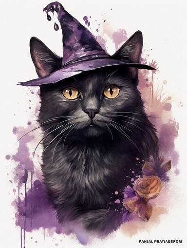 hyper realisticFamiliar: Create a clipart of a familiar, which is a witch's animal companion. You can draw a black stunning cat, with a gothic twist. watercolor illustration, color palette Violet, eggplant,diesel,dusty gray,cannon pink, tamarind,mulled wine,charade ,realistic,symmetry,png high quality watercolor painting, paint spots, paint splashes, liquid paint, ink, various brushes white background