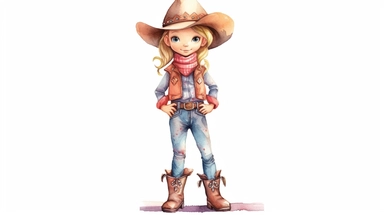 a cute cowgirl fairy, thick border lines, watercolor, clip art, spaced out, white background