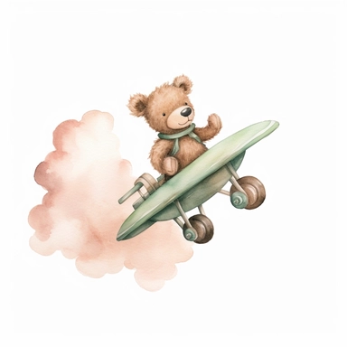 Boho teddy bear clipart for a nursery, light brown tone for a boy, flying past a cloud, pink and green , solid white background