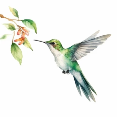 hummingbird, clipart, minimalism, watercolor, green leaves, a branch