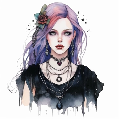 Beautiful Witch with necklace , in the style of dark fantasy creatures, Gothic academia, intense deep pastel colours, i can't believe how beautiful this is, inventive character designs, Watercolor clipart, white Background