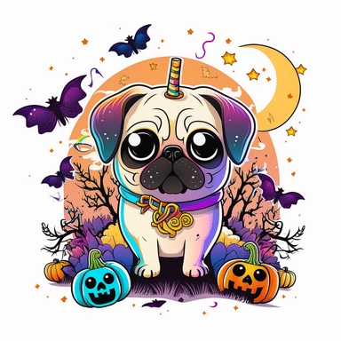 halloween pug colourful anime manga kawaii cute vibrant clipart vivid, white background