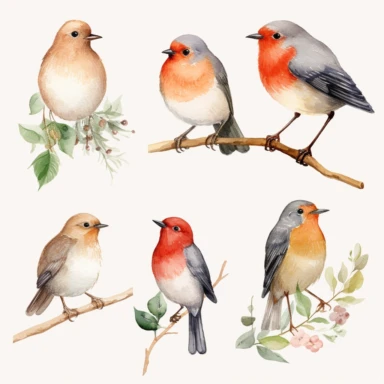 <992789387> forest animal clipart graphics, forest bird, beatrix potter style, realistic watercolor woodland bird clipart, dreamy, no background, space between each