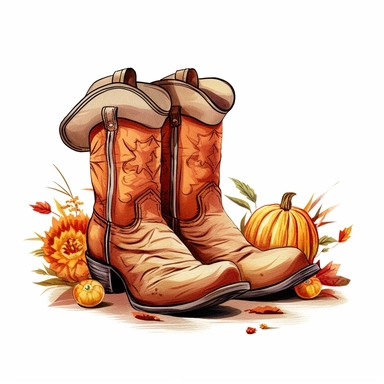 Cowboy Boots Hello Fall Pumpkin Fall Vibes , style by Lucy Fleming, watercolor, smooth gradients, black contour outline, ultra detailed, clipart elements, delicate pastel colors, solid white background, super clear, high quality