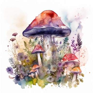 In this watercolor illustration, a mystical mushroom takes center stage, painted with vibrant hues and surrounded by delicate flowers and lush plants. The clipart design captures a magical scene, where fairies flit about in the air, their ethereal forms highlighted against a watercolor backdrop. The white background provides a stark contrast to the dominant purple color scheme, enhancing the enchanting atmosphere of the artwork. The intricate details of the flora and the playful presence of the 