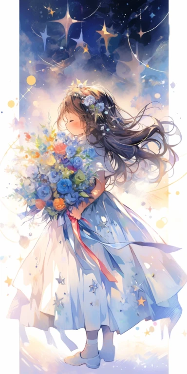 Watercolor beautiful feathers and flowers, stars and universe, exploring 10 years old girl, with smile, Full body, face side, fantasy illustration, perfect face, with beautiful face and with stars, beautiful light brown hair, beautiful face, perfect face, perfect eyes, love, flowing dress, vivid vibrant colors, intricate detail, hyper detailed, hyper quality, 32K, unreal engine, isolated on white background, kawaii, clipart, fantasy art