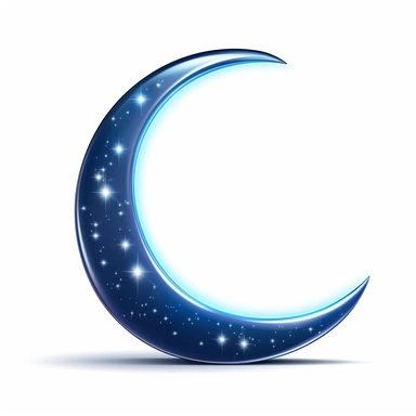 An illustration of a blue glowing beautiful half moon against white background, outerglow, innerglow, fairytail style, white background, clipart, PNG pure white background, high resolution, best quality