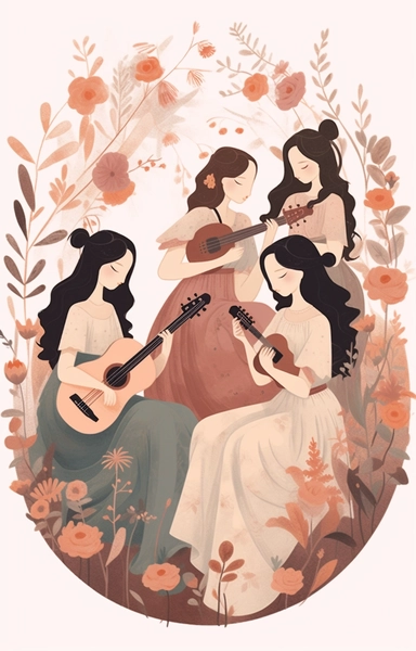 colorful clipart image of illustrations including girls in dresses seated, in the style of soft, muted color palette, ethereal foliage, dark white and pink, folkloric themes, high quality photo, mural painting, moyoco anno