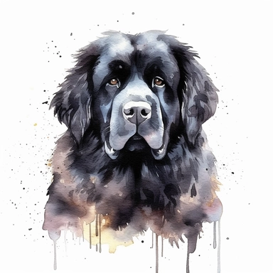 Dog breed Newfoundland big hairy black watercolor clipart