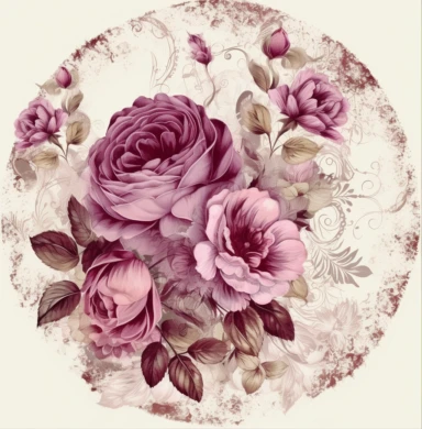 floral clipart for greetings cards valentines day shabby chic with pink roses vintage hd graphic, in the style of circular shapes, faience technique, extravagant table settings, light magenta and maroon, traditional chinese painting, hand-coloring, soft-edged
