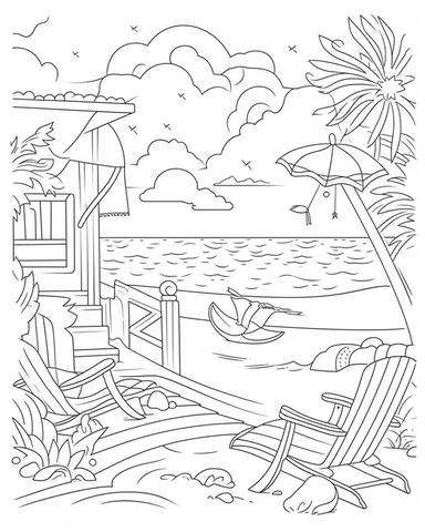 Adult Coloring Book Featuring Fun and Relaxing Beach Vacation Scenes, Peaceful Ocean Landscapes and Beautiful Summer Designs, coloring page line art, black and white clipart for a kids coloring page, simple and clean line art, illustration style,