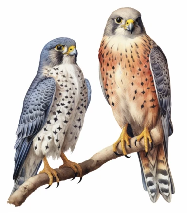 realistic watercolor male & female eurasian hobby, screenshot, clipart, super detailed, in the style of medieval watercolor illustrations, intricate detail, on solid white background , no shadow, oil paintings