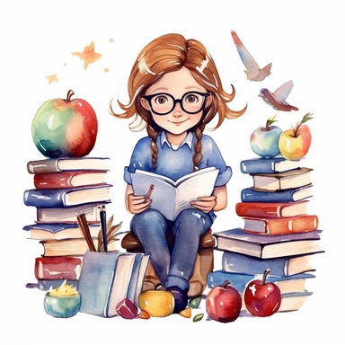 school teacher, watercolor, doodle, fable, child book, clip art, transparent background, 300 dpi, nursery illustration, minimalist, vector illustration, optimistic