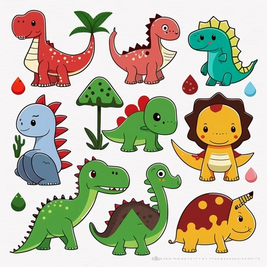 Create a set of 2D dinosaur clipart images featuring Tyrannosaurus Rex, Stegosaurus, Ornithischian, Triceratops, Velociraptor, and Diplodocus, suitable for children's educational and entertainment materials. The images should be in a fun, cartoon style that is easy for children to understand and appreciate, with bright and playful colors that are appealing to kids. Please ensure that each species is easily distinguishable and recognizable. The background of the image should be white, and there s