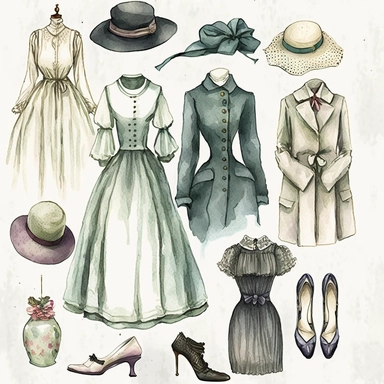 watercolor vintage boutique retro victorian fashion clipart, white background, spaced out, hd--v 5