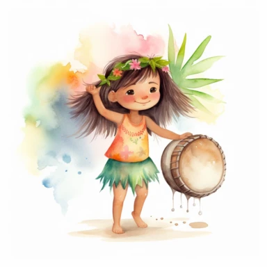 watercolour, adorable little hula dancer, she is 4 years old, dancing and playing a Hawaiian looking little drum, clipart