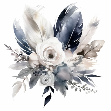 Watercolor dusty greay and white feathers bouquet clipart white background no text wedding style eligible for transparent background