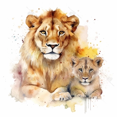 family, baby, lion and lioness,Watercolor Clipart high quality, white background , lion and lioness, cute, love