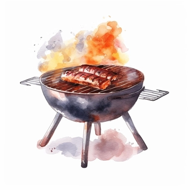 Watercolor A sizzling BBQ grill with smoke and flames clipart, Minimalist, isolated white background, 8k