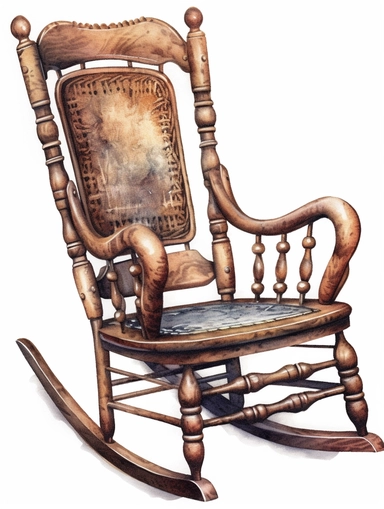 watercolor, vintage, country, wood rocking chair with beautifully carved arm rests on white background, clip art