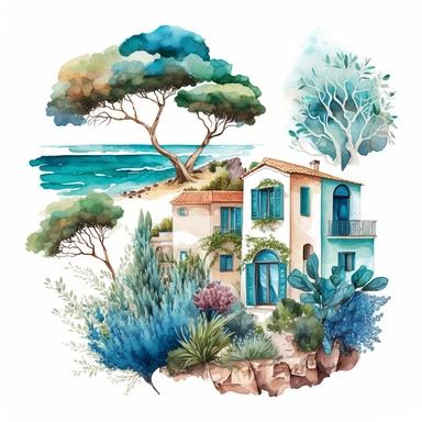 beautiful watercolor clipart of a view of a Mediterranean house in a village with plants near the Mediterannean sea, warm summer blue, aqua and white hues, compositions on an isolated white background. Bright landscapes illustrations, highly detailed