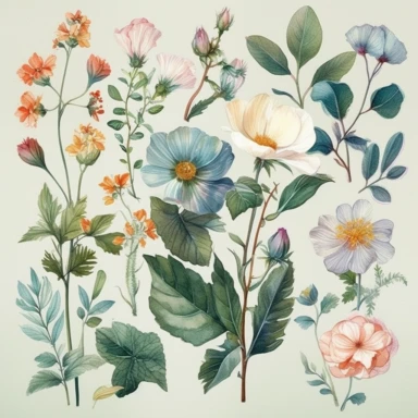 Stunning clipart watercolor artworks of flowers and plants should be created in a light and minimalistic style, with a focus on the delicate beauty of each individual flower or plant. The artwork should be painted with a loose watercolor technique, using a prominent watercolor style to emphasize the delicate and intricate technique. Light, airy hues and pastel tones should be utilized to bring out the softness of the flowers and plants, while keeping the overall design minimalistic. The unique f