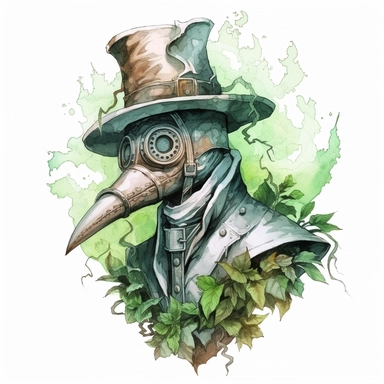 Steampunk styled plague doctor mask with watercolor effect,unrealistic fantastic,white background,suitable for digital cliparts,fantastic scene,high quality,leaves,ivy,green plants