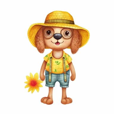 Summer cute cartoon dog dressed for summer, clipart, watercolor illustration for kid, white background