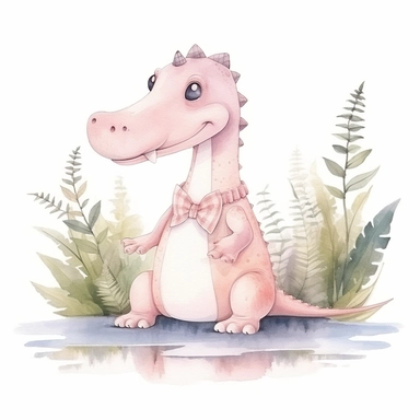 Nursery Watercolor Illustration clip art of cute pastel pink famale alligator walking on swamp water white background
