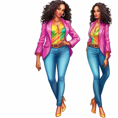 ultra realistic, clipart, hand-drawn, young African American woman is wearing a vibrant and colorful suit jacket, ripped denim jeans that fits her curvy hips, she has glowing skin. She completes her outfit with a pair of simple and elegant high heels that complement the suit jacket. She has ultra long, ultra straight silk pressed hair is carefully styled, framing her face and cascading down her back. Her confident and radiant smile adds to her beauty and grace, making her stand out in any crowd.