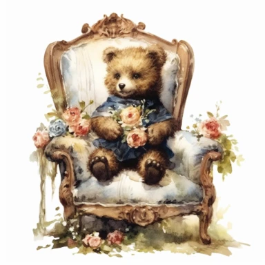 victorian vintage adorable little teddy with banquette and wild flowers, full body, clipart style, accurate details, oil painting technique, super high quality, professional watercolor clipart, high resolution