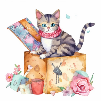Delightful watercolor clipart of a playful cat with a cardboard box, with beautiful colors and intricate details, perfect for a greeting card, whimsical and charming, high-quality illustration, hand-painted with care, heartwarming and sweet.