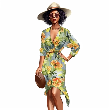 African american woman wearing floral dress and fedora hat Boss lady clipart modern fashion style anatomically correct realistic isolated white background