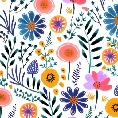repeating pattern white background clip art spring flower irishes colorful petal scattered wild flowers minimalist, risograph printing effects and texture, in the style of folk art-inspired illustration, fauvist chromatics, stenciled iconography, handcrafted design, mattisse henry trendy retro boho soft palette, watercolor, illustration, vector