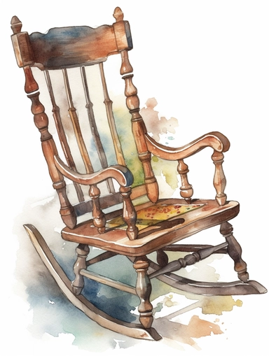 watercolor, vintage, country, wood rocking chair with beautifully carved arm rests on white background, clip art