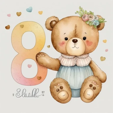watercolor cute bears holding number 8 clipart