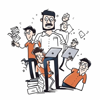 videoscribe style illustration of an employee working on some files while others are on his back who keep chatting and he got distracted cause he was interested in their conversation, white background, no text, graphics only, clipart ,svg