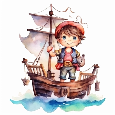 Cute little pirate boy standing on his pirate ship watercolor Clipart