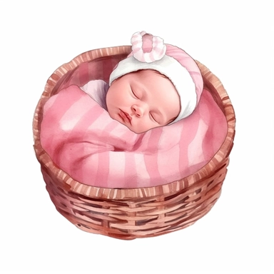 watercolor clipart, minimal, cute newborn baby sleeping in a basket, pastel pink color, white background illustration