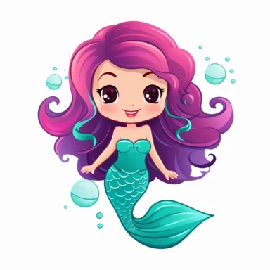 cute mermaid clipart illustration, vibrant colors, simple hand-drawn, kawaii cute, white background, round face, no background , clipart
