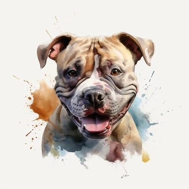 cute Staffordshire Bull Terrier dog portrait, full face, centered shot, side shot, dynamically posed, in action, playful mood, happy mood, playing mood, cute face, adorable smile, childlike eyes, clean watercolor illustration, white background, nursery baby imagery, painting, detailed, 8k, PNG, clipart,