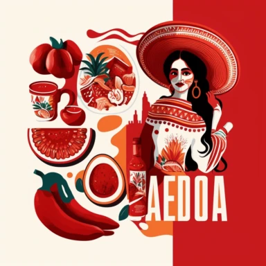 Create a clipart-style illustration with a predominantly red color scheme and a white background that features Mexican Culture.