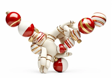 3d white mannequin hands holding Christmas ornaments, red and gold balls, stars and candy cane. Seasonal festive clip art, isolated on white background. Abstract holiday concept.