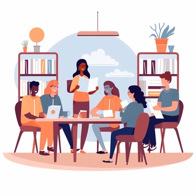 clipart of seven students sitting on chair in classroom answering quiz, freepik, vector, flat 2d