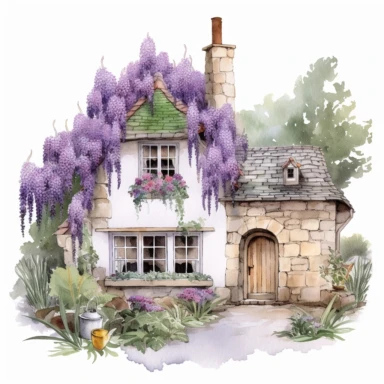 watercolor mixed media masterpiece beautiful white cozy small house with violet door, richly decorated with lupine, pots with flowers, overgrown with moss, the garden at the back of the house, provence, golden accents, shabby shic style, by Rodney Matthews style and by Daniel Ridgway Knight style and by Nicholas Hely Hutchinson style, Baroque style, PNG clipart, isolated on white, extreme photorealistic details, 32k HD resolution, realistic high detailization high resolution