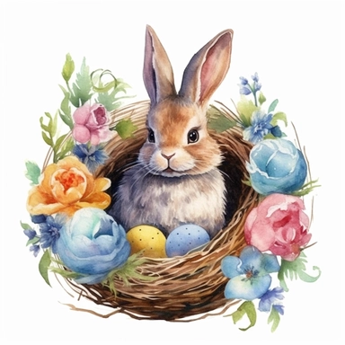clipart, isolated on white background, Watercolor bunny and colorful in the nest eggs, easter style, detailed, flowers, ornated, vivid and vibrant and saturated colors