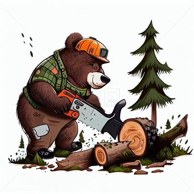 funny big sish going to forest working cut trees with a chainsaw, big bear, CLIPART, watercolor, ink, ultra-detailed, cartoon style, white background, black outside lines –testp,